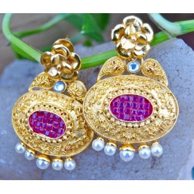 Real Look Carved Gold Ruby Dangler Earrings